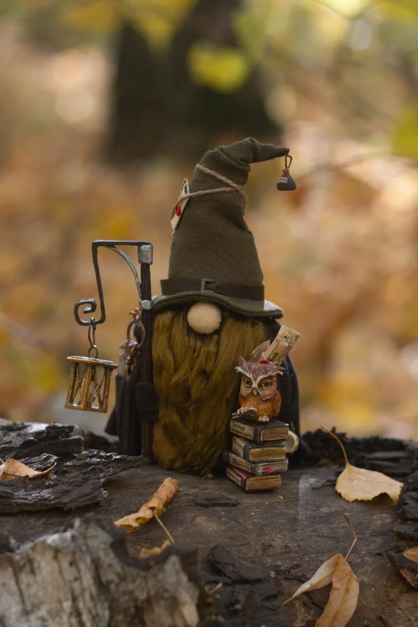 Handmade Gnome Archivist with owl and books