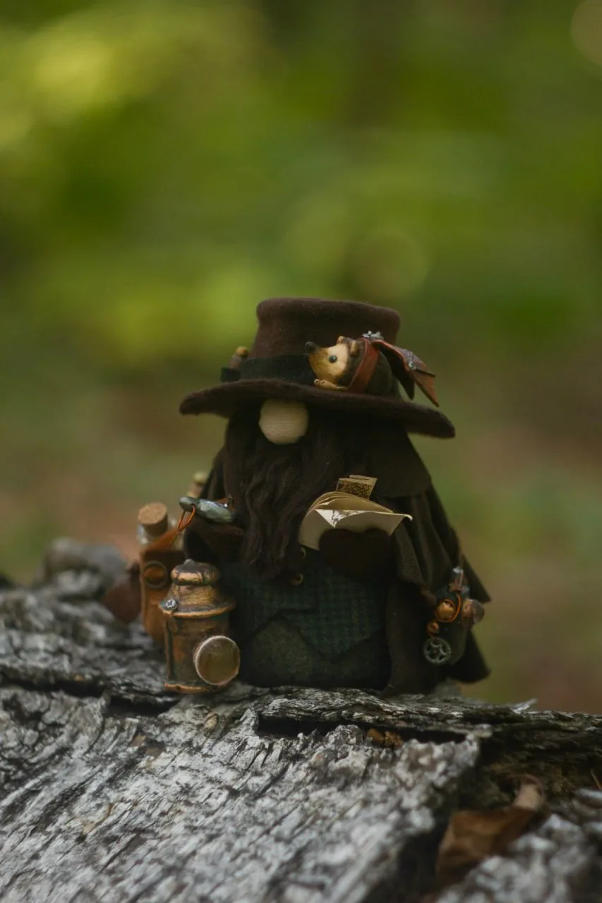 Scandinavian Gnome Explorer — full view with all gear in forest