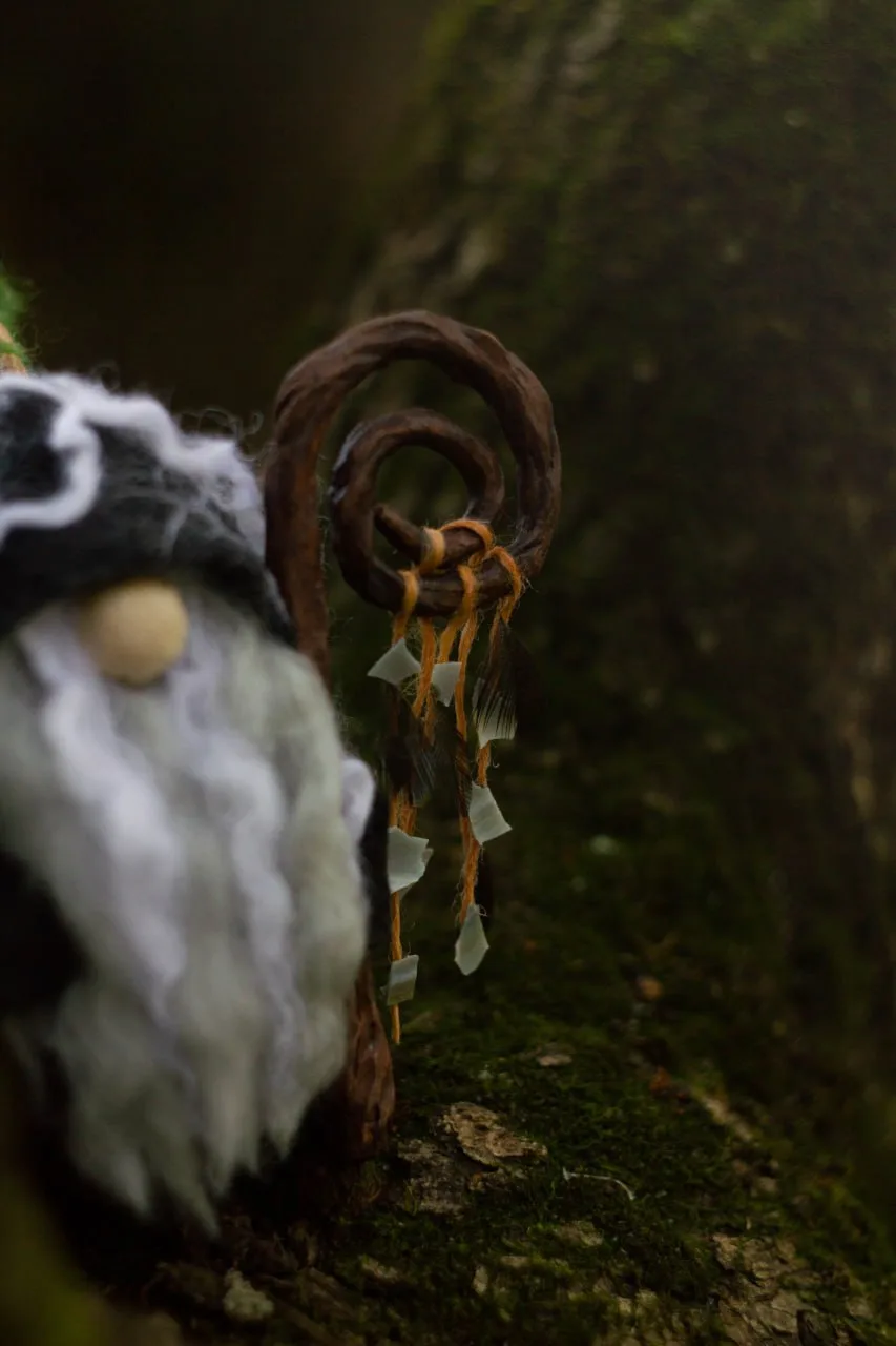 Handmade Scandinavian Shaman Gnome — with staff, raven and antlers, handmade from polymer clay and natural materials