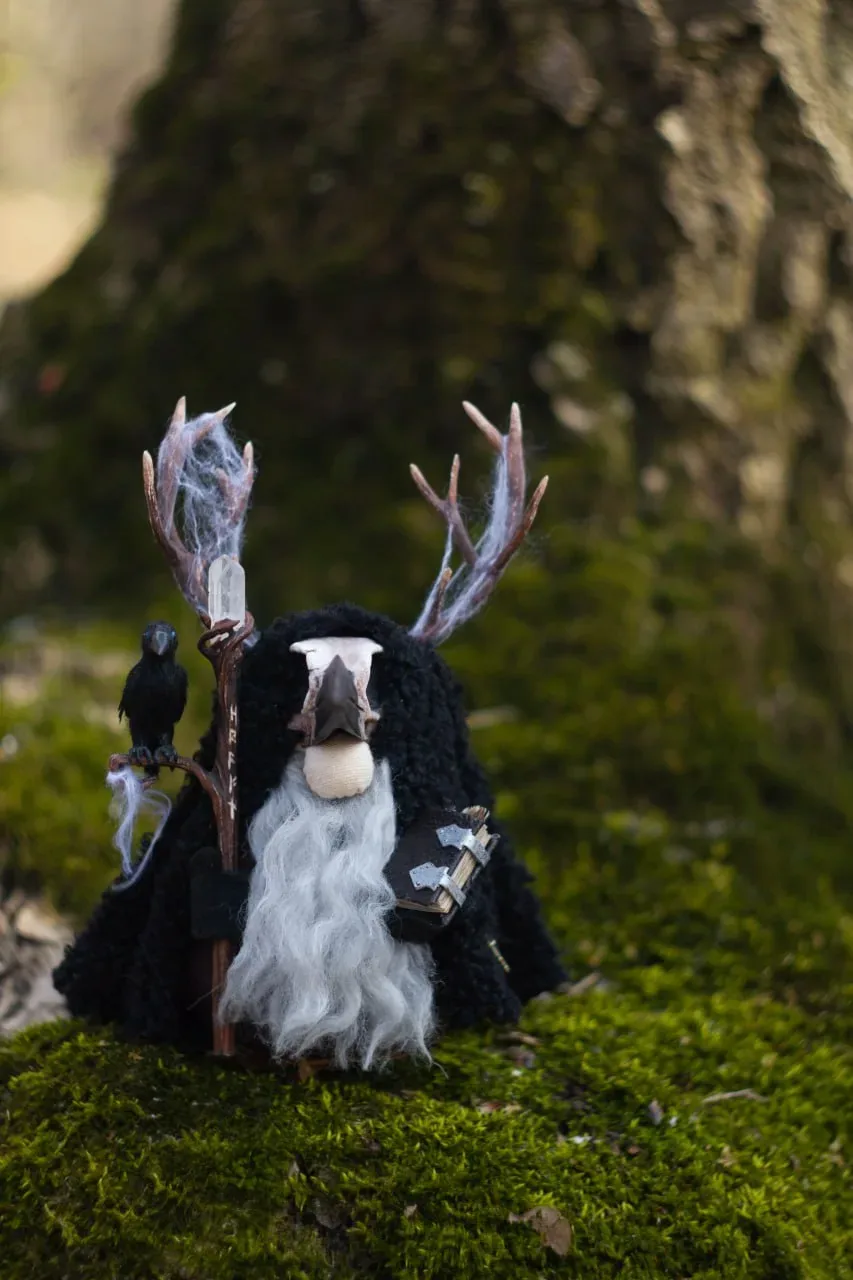Handmade Kark Gnome — dark forest gnome with raven familiar and leather grimoire