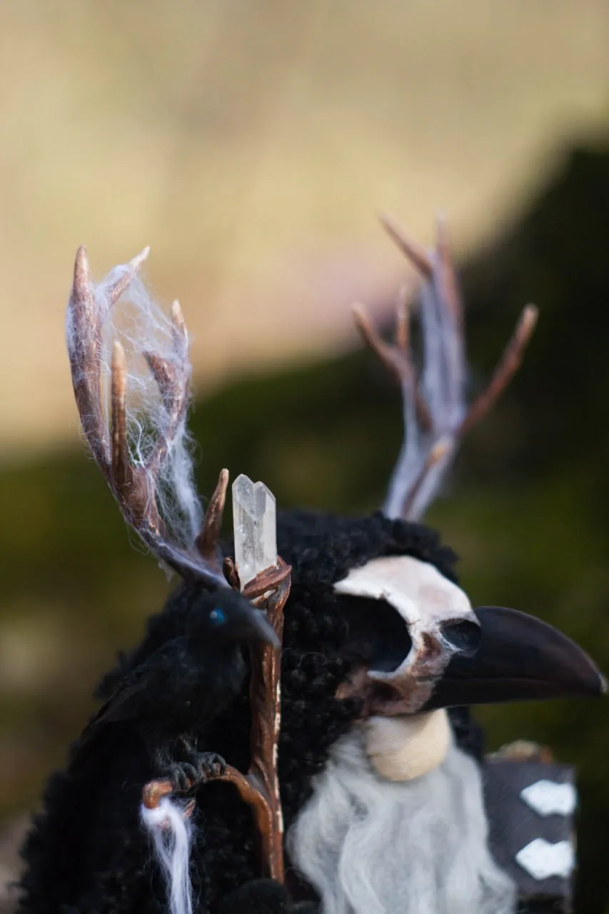 Gnome Kark's raven skull mask and antlers — handmade closeup