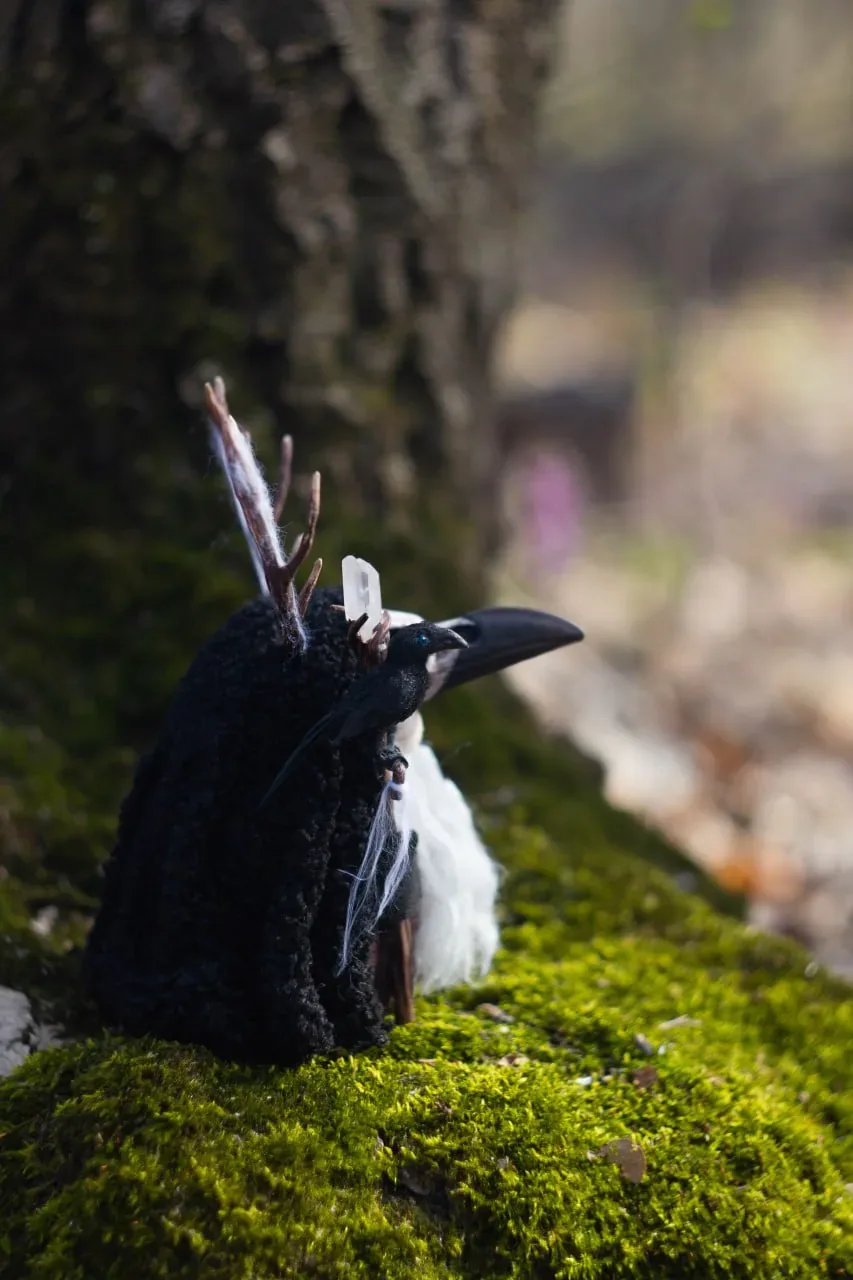 Gnome with antlers in spiderweb and quartz staff — rear view