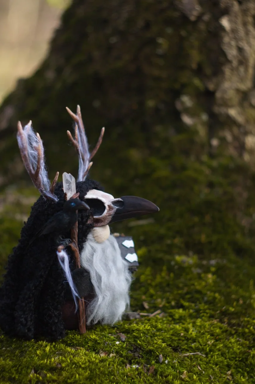 Dark forest druid gnome — side view against moss and trees