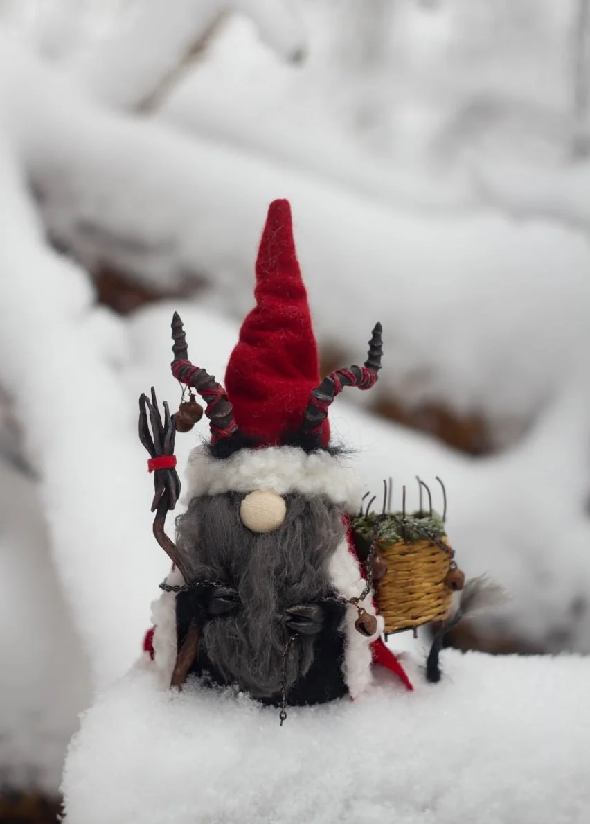 Handmade Gnome Krampus in red velvet with horns