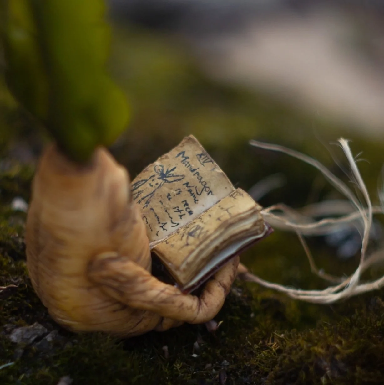 Close-up of tiny ancient book held by polymer clay mandrake — handmade magical collectible