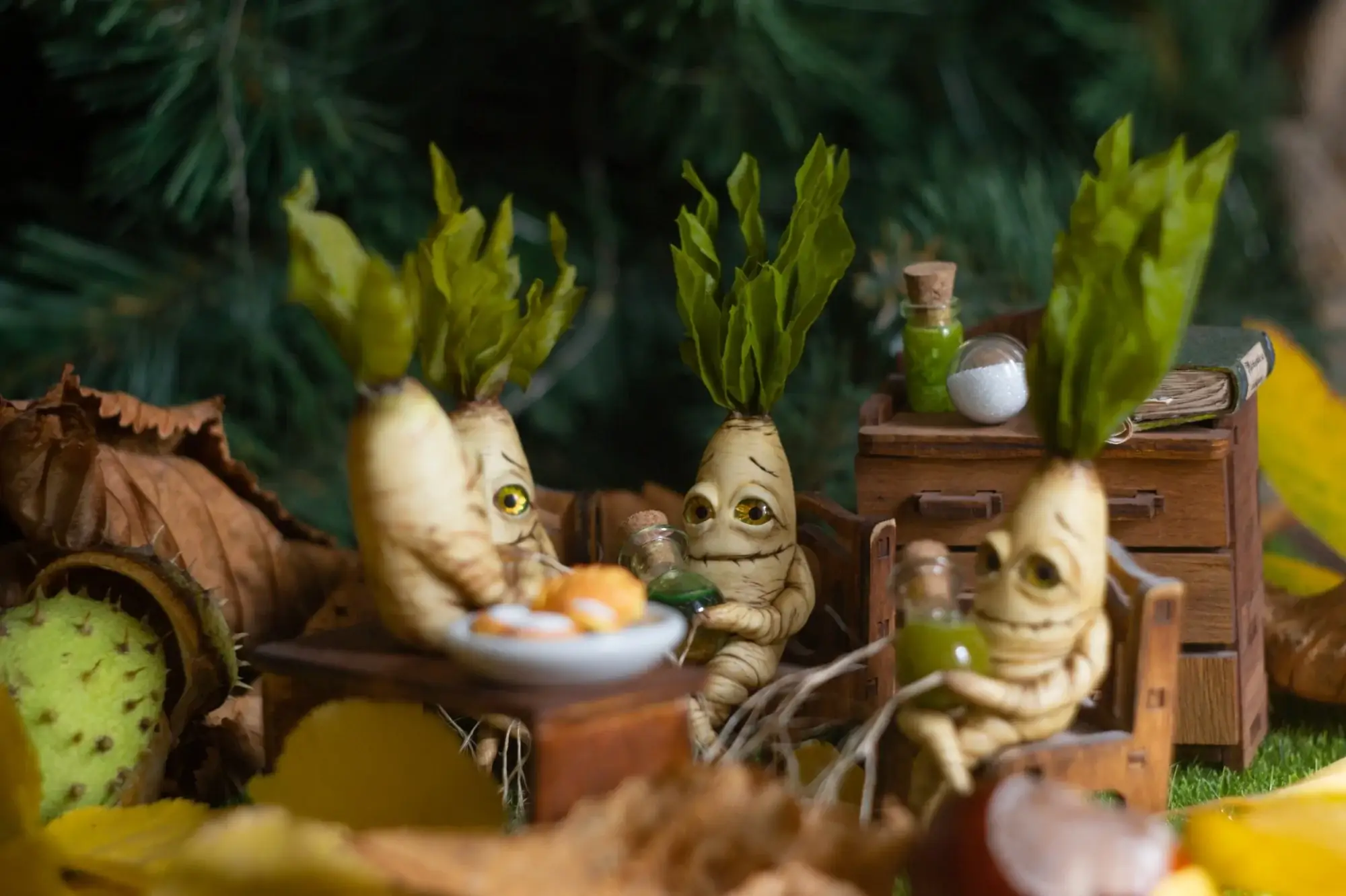 Polymer clay mandrake figurines with potions and autumn herbs — handmade magical collectibles