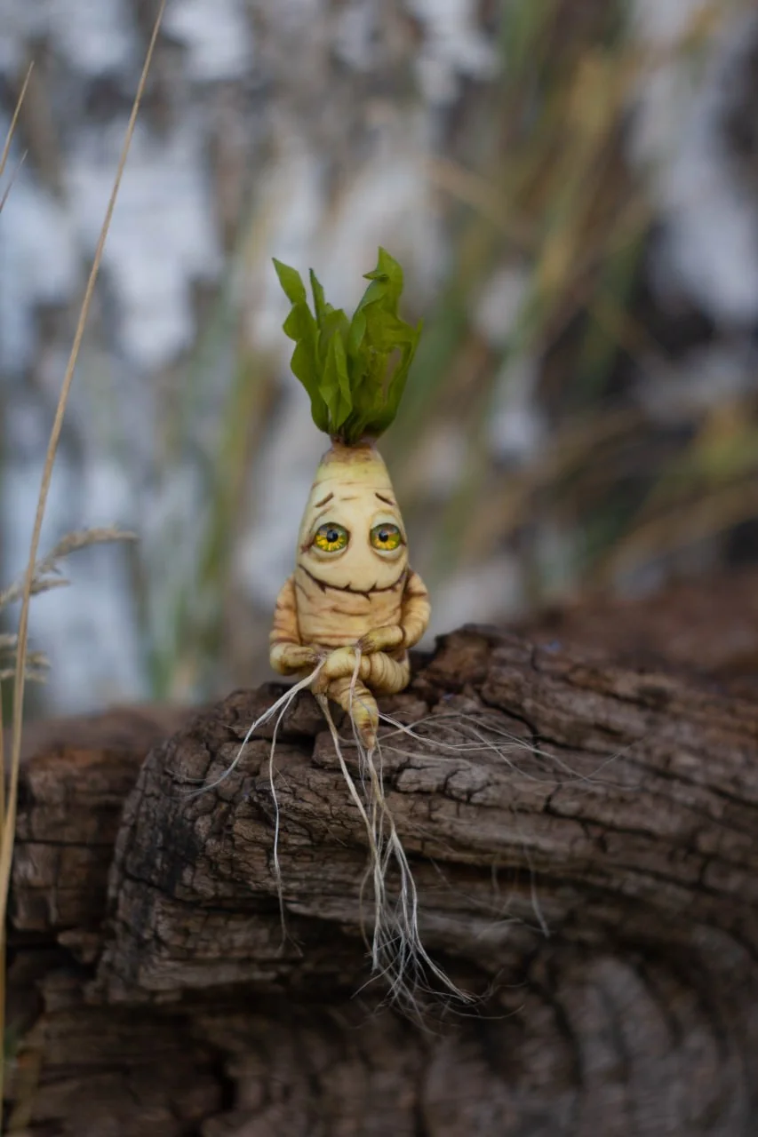 Handmade classic mandrake root figurine — polymer clay magical creature with following glass eyes on a log