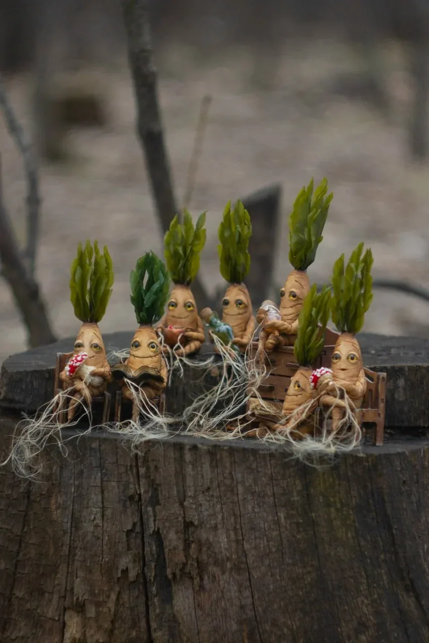 Handmade polymer clay mandrake root figurines with glass following eyes — unique fantasy collectibles from Gnomenlands workshop