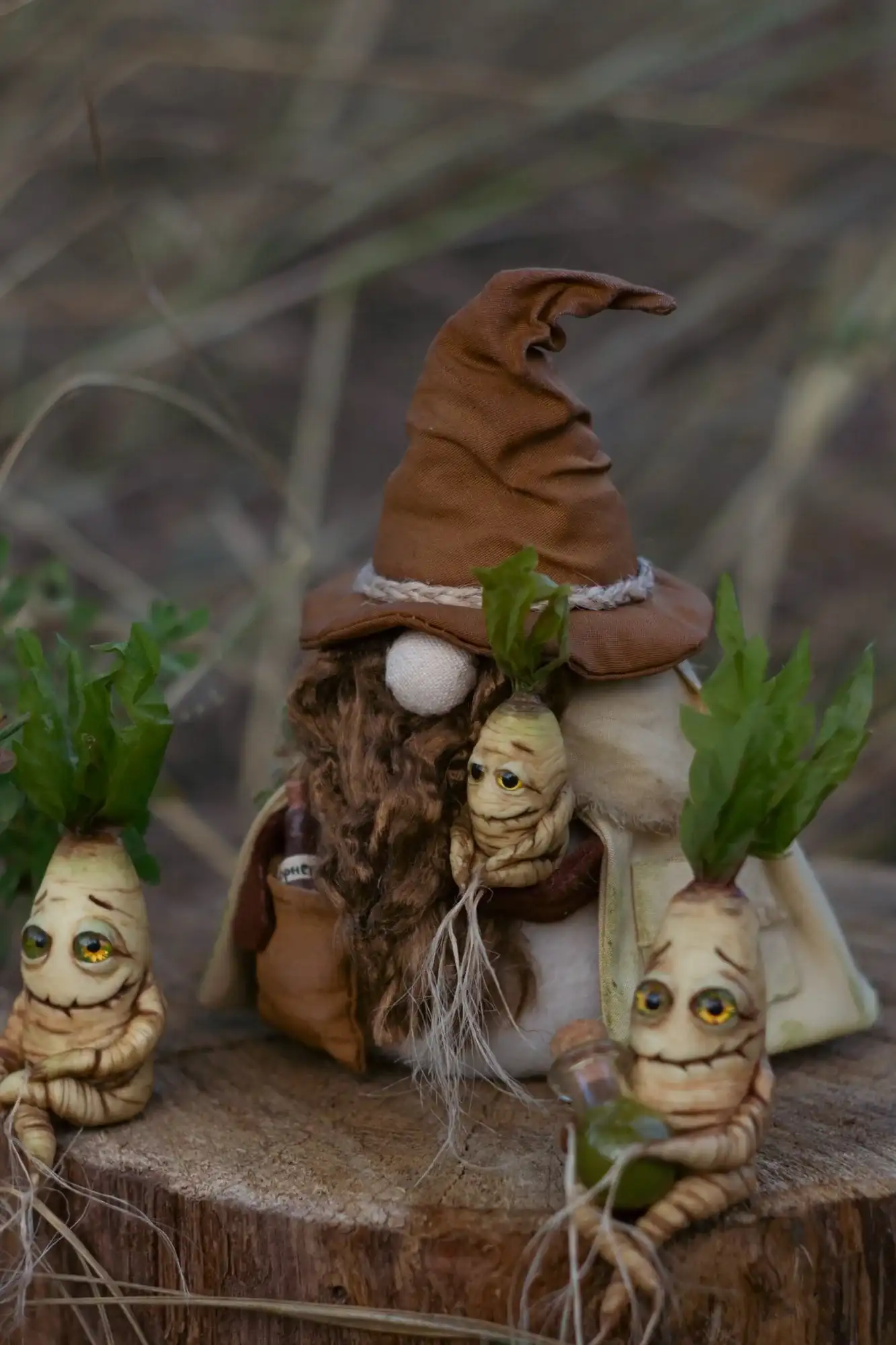 Mandrake figurines with the Herbalist gnome — handmade polymer clay collectible set