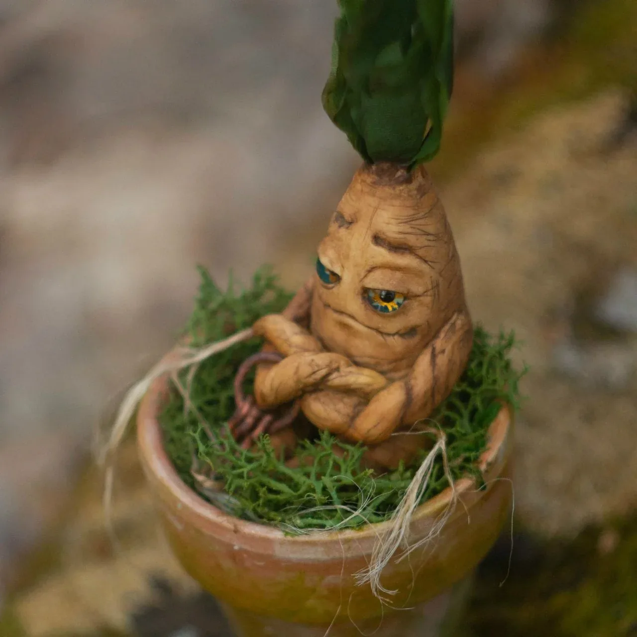 Closeup of grumpy mandrake face in terracotta pot — detailed polymer clay texture and glass eyes