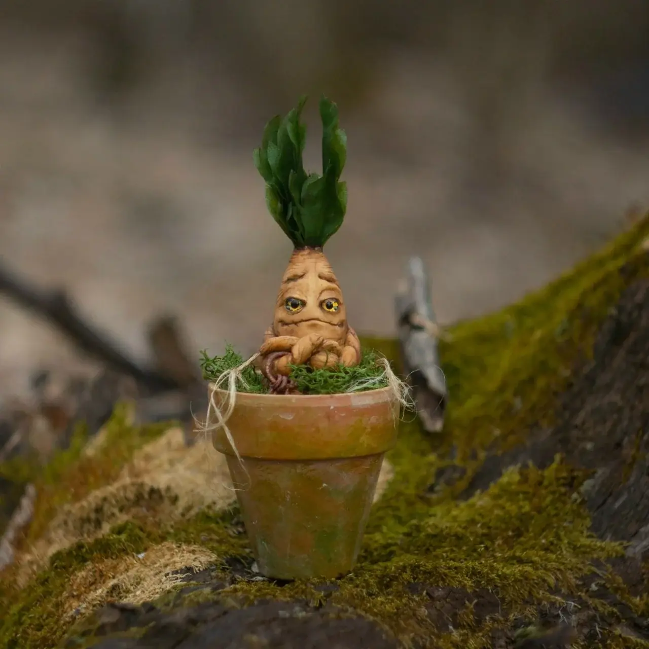 Greenhouse Guardian mandrake with ancient keys — front view in terracotta pot