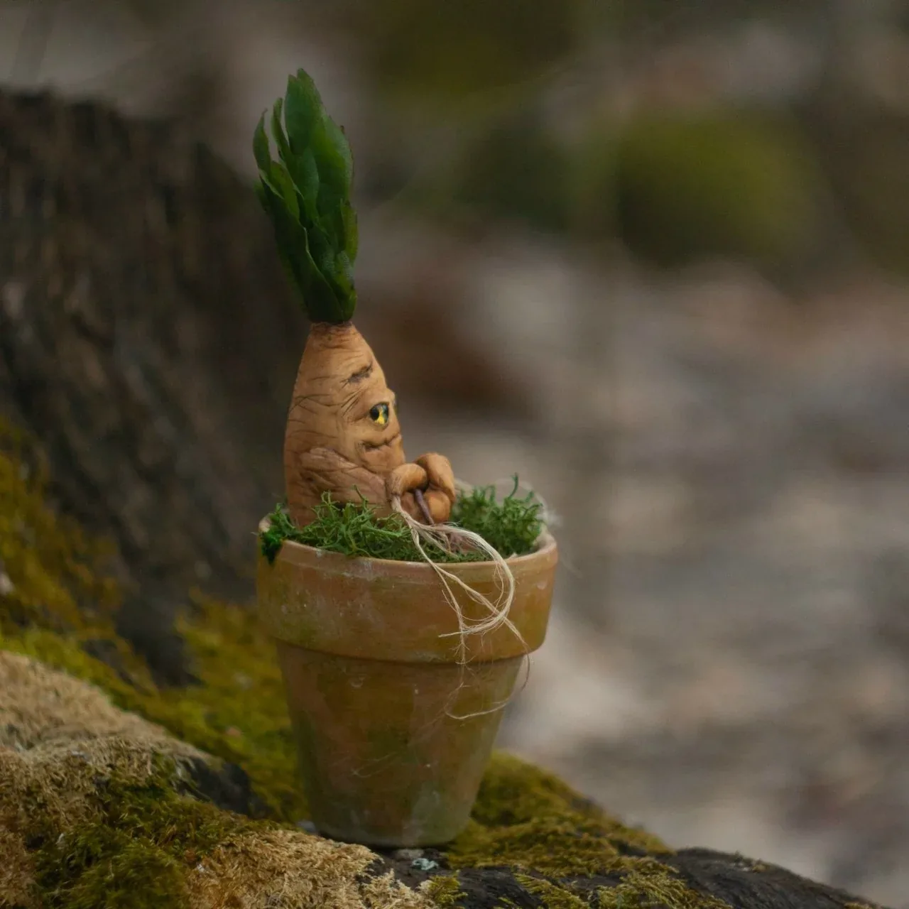 Guardian mandrake in terracotta pot side profile — handmade polymer clay collectible