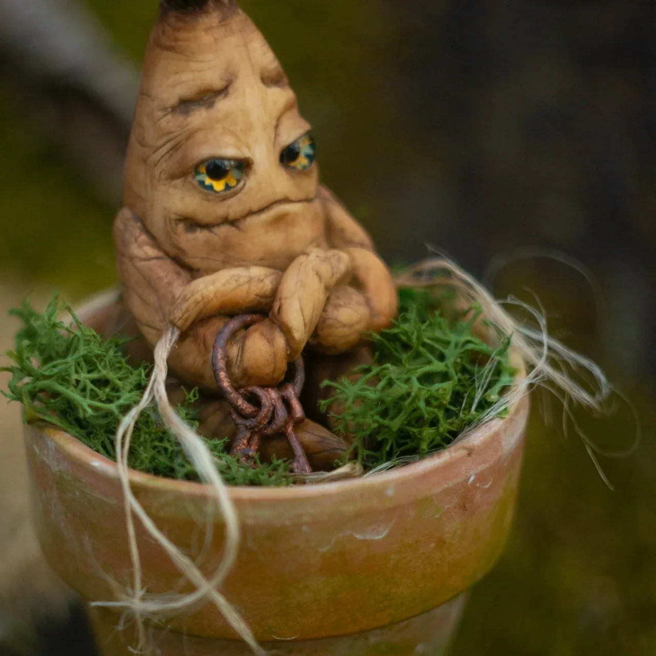 Closeup of Guardian mandrake holding ancient keys — detailed polymer clay sculpt with glass eyes