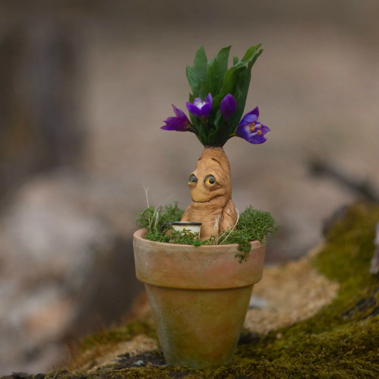 Handmade mandrake in terracotta pot with purple flowers — polymer clay magical plant figurine with following glass eyes