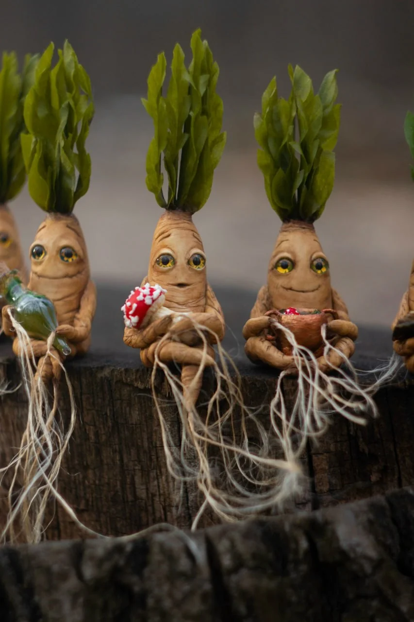 Handmade mandrake root figurine with item — polymer clay magical creature with following glass eyes