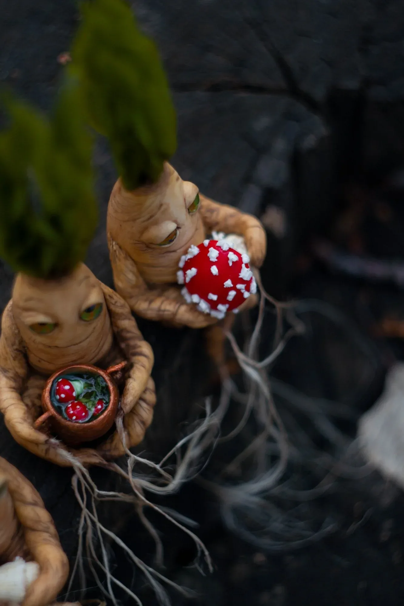 Handmade mandrake with fly agaric mushroom and cauldron — polymer clay magical figurine