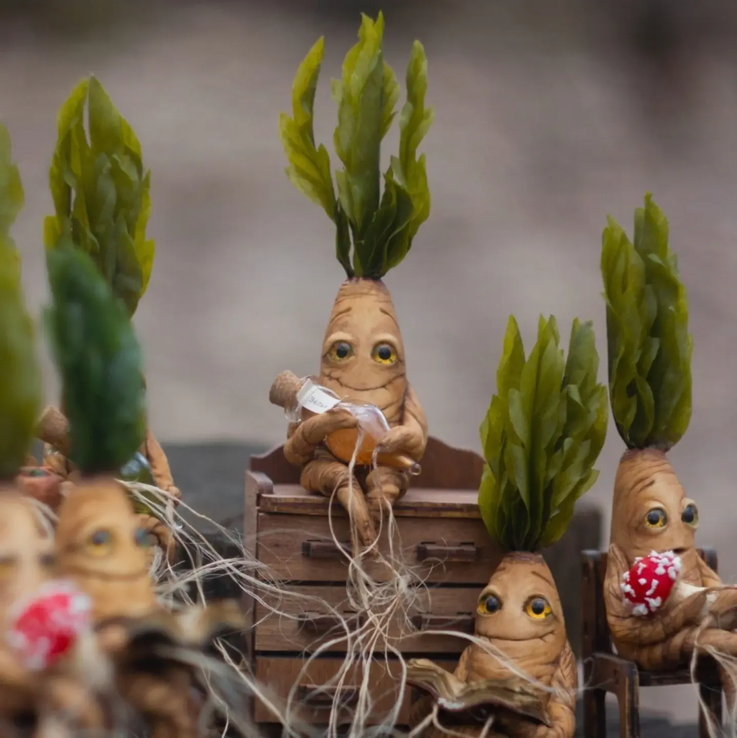 Polymer clay mandrake figurine with wooden chest and potion bottles — handmade fantasy collectible