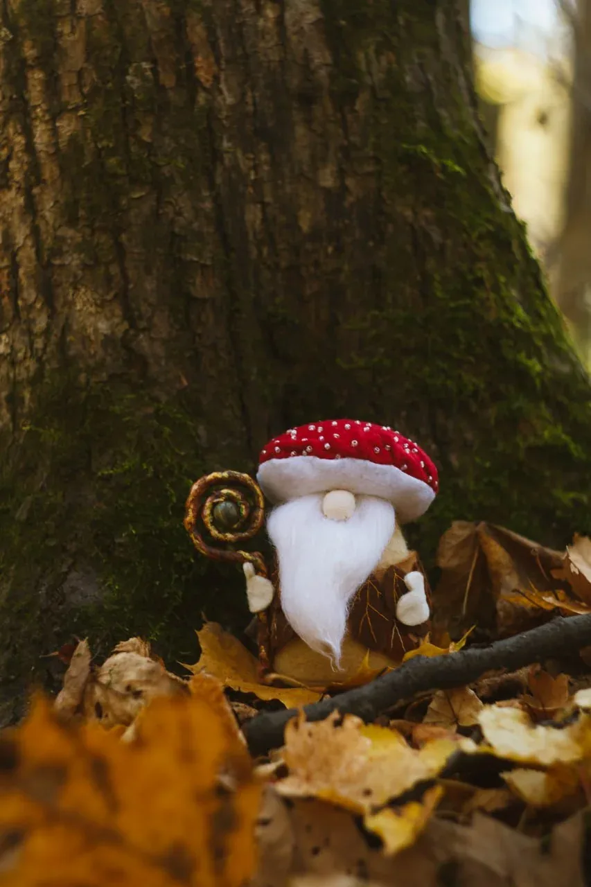 Forest Scandinavian gnome in mushroom-shaped hat by tree