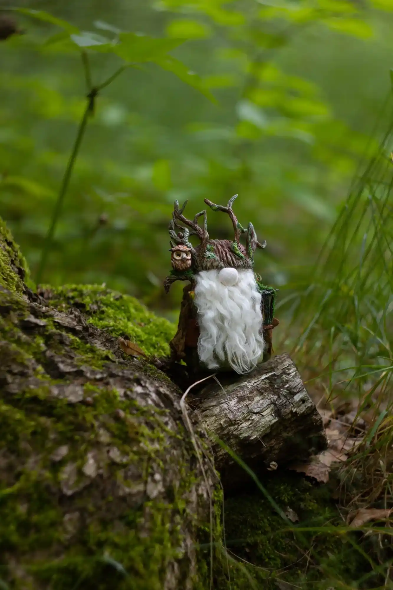Gnome Night Warden — wool beard, branch-and-moss helmet on mossy logs