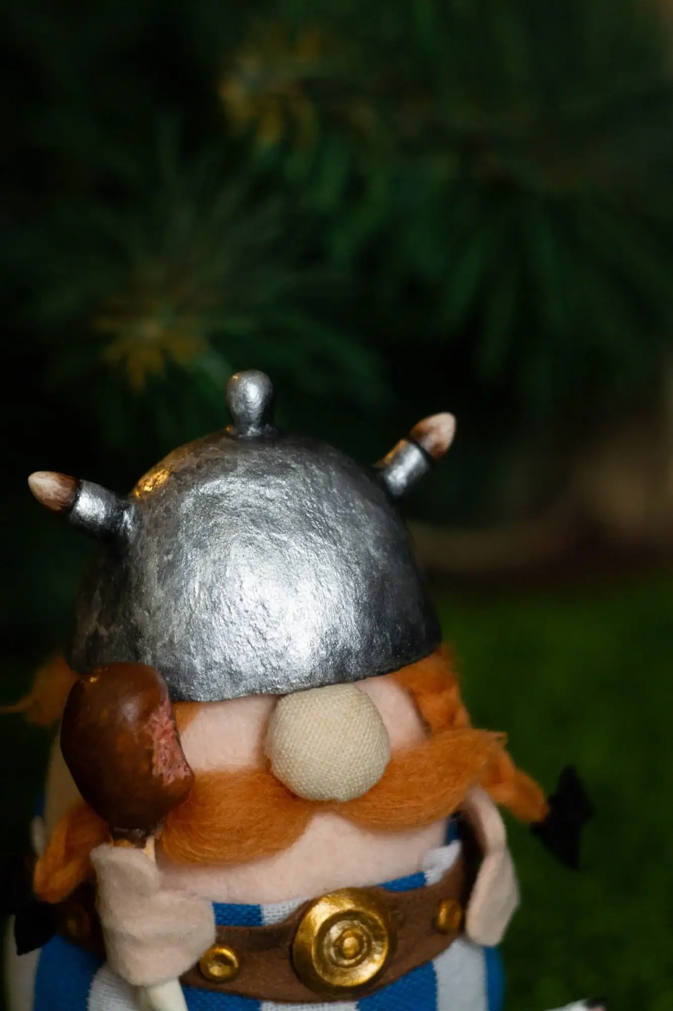 Asterix and Obelix inspired gnome — polymer-clay horned helmet — closeup