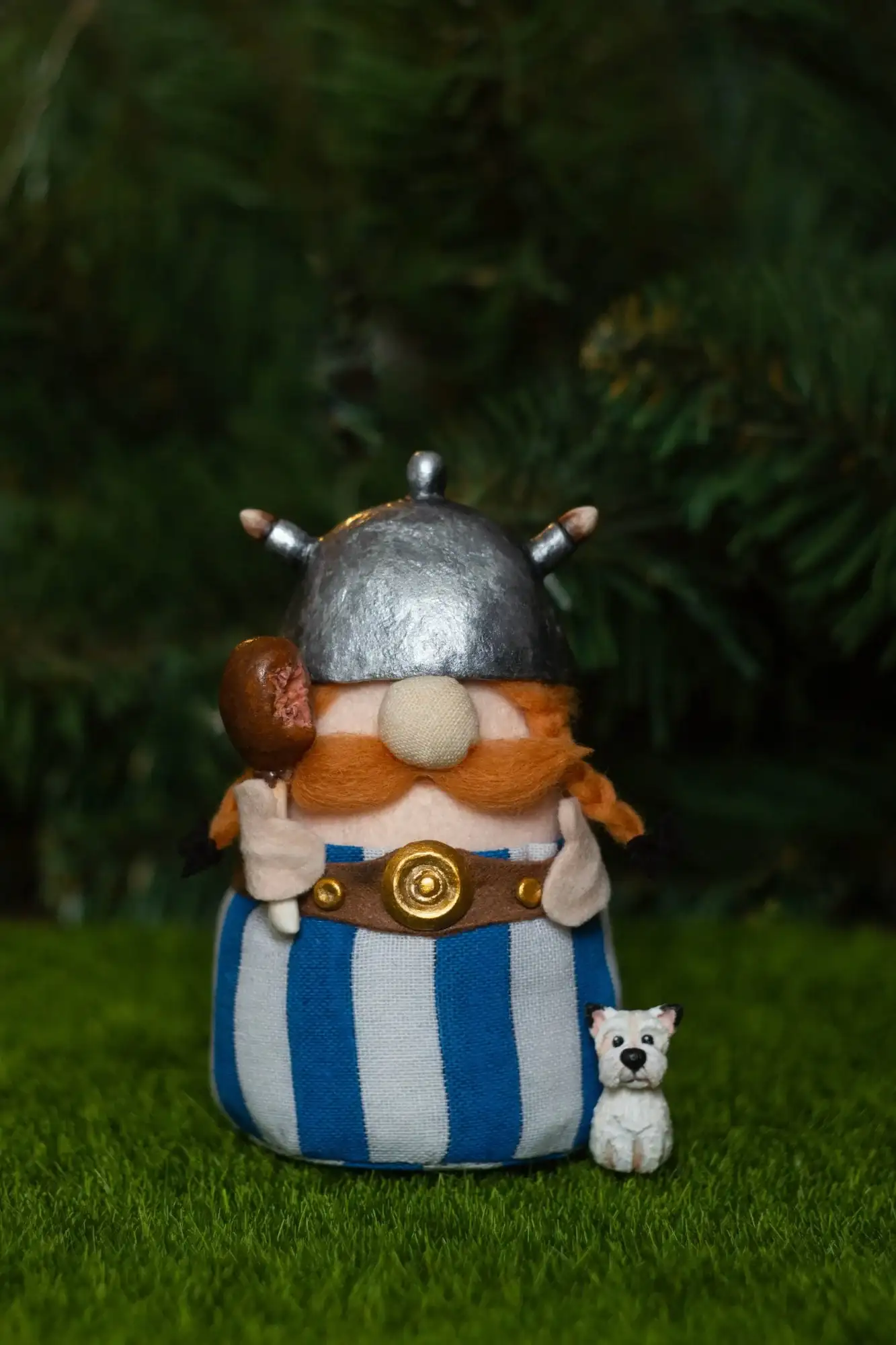 Handmade Gnome Obelix with dog Dogmatix and ham