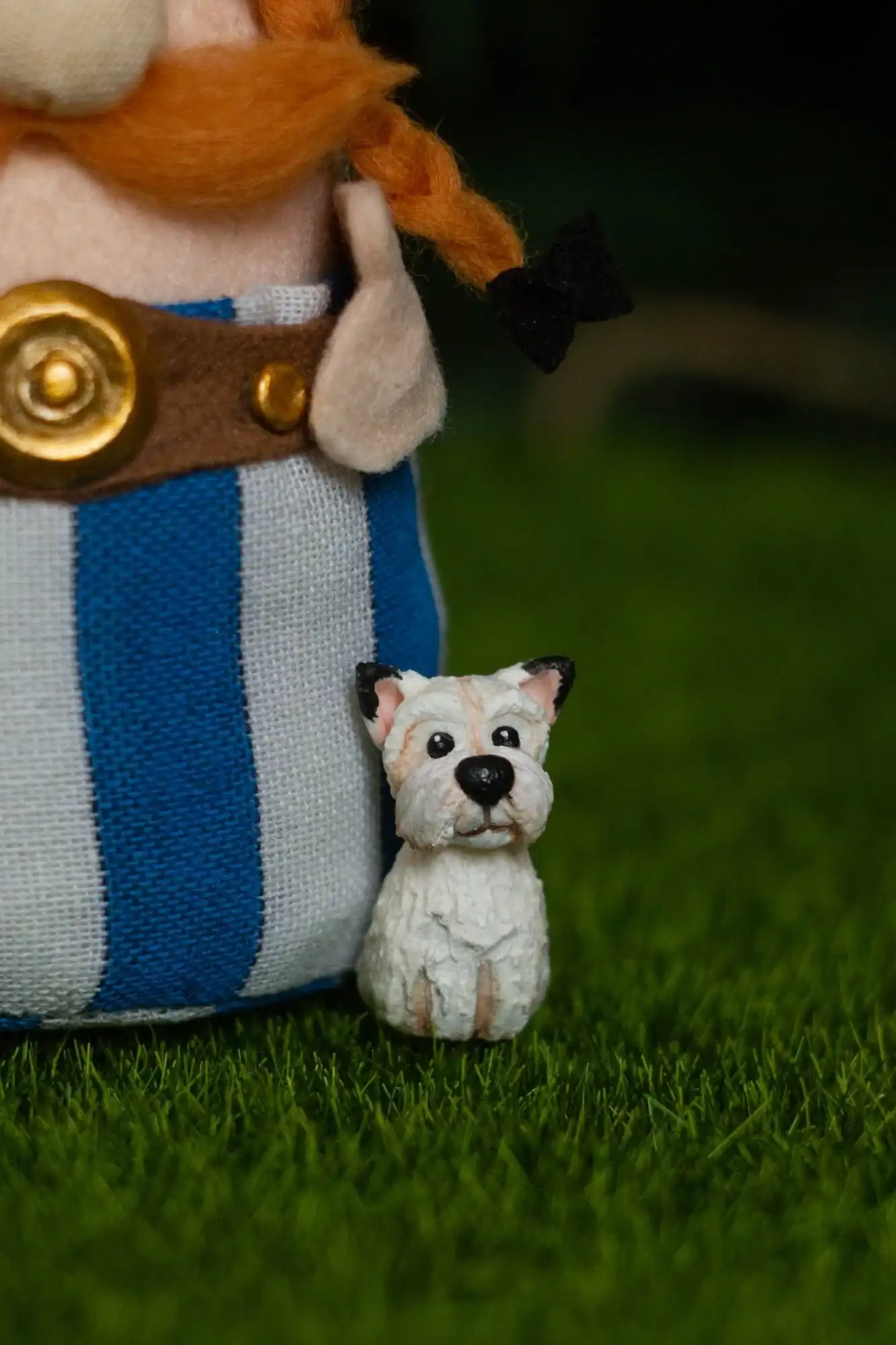 Gnome Obelix — ginger wool braids, clay ham, dog Dogmatix at feet