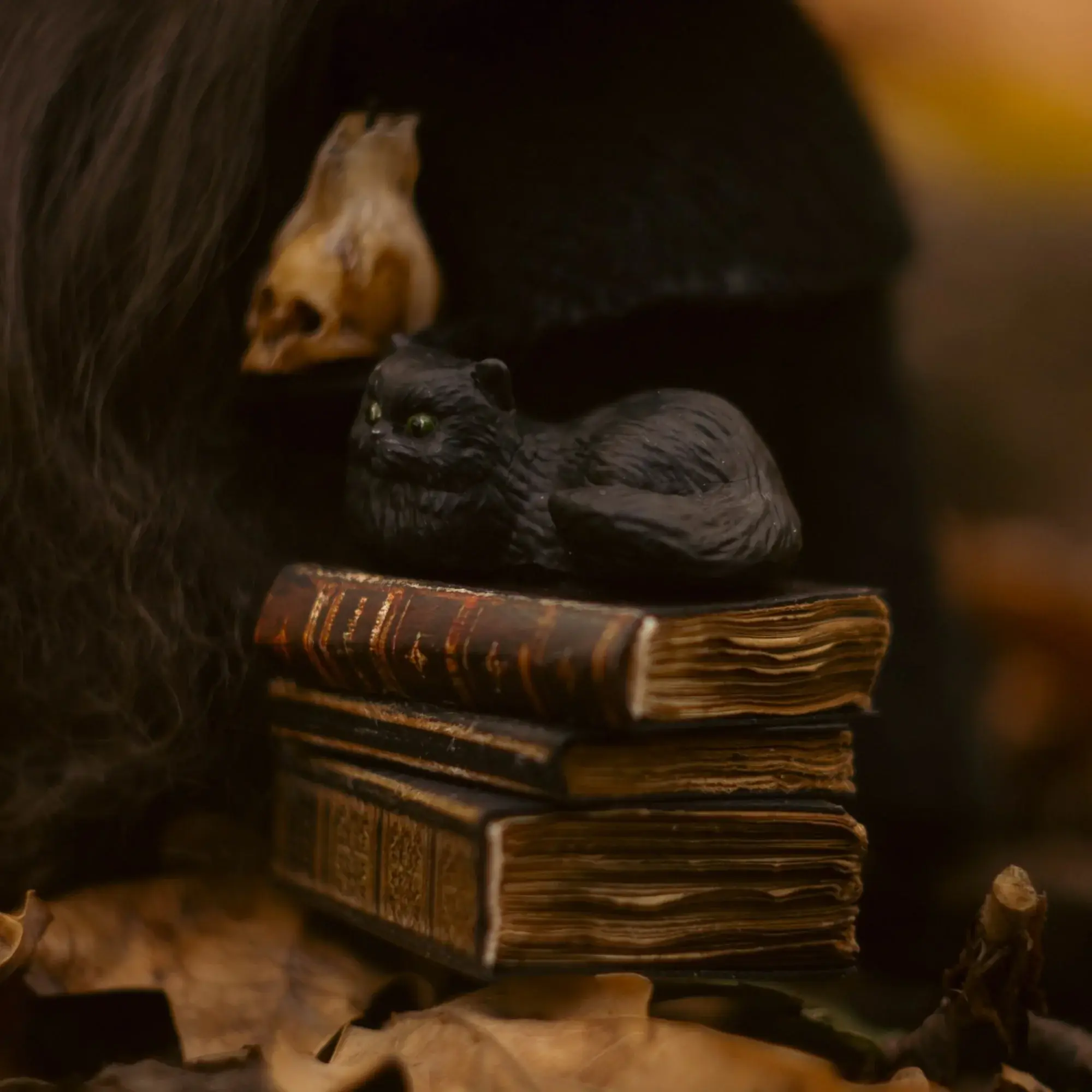 Gnome Old Friend — black cat on books, clay skull, Samhain and autumn leaves