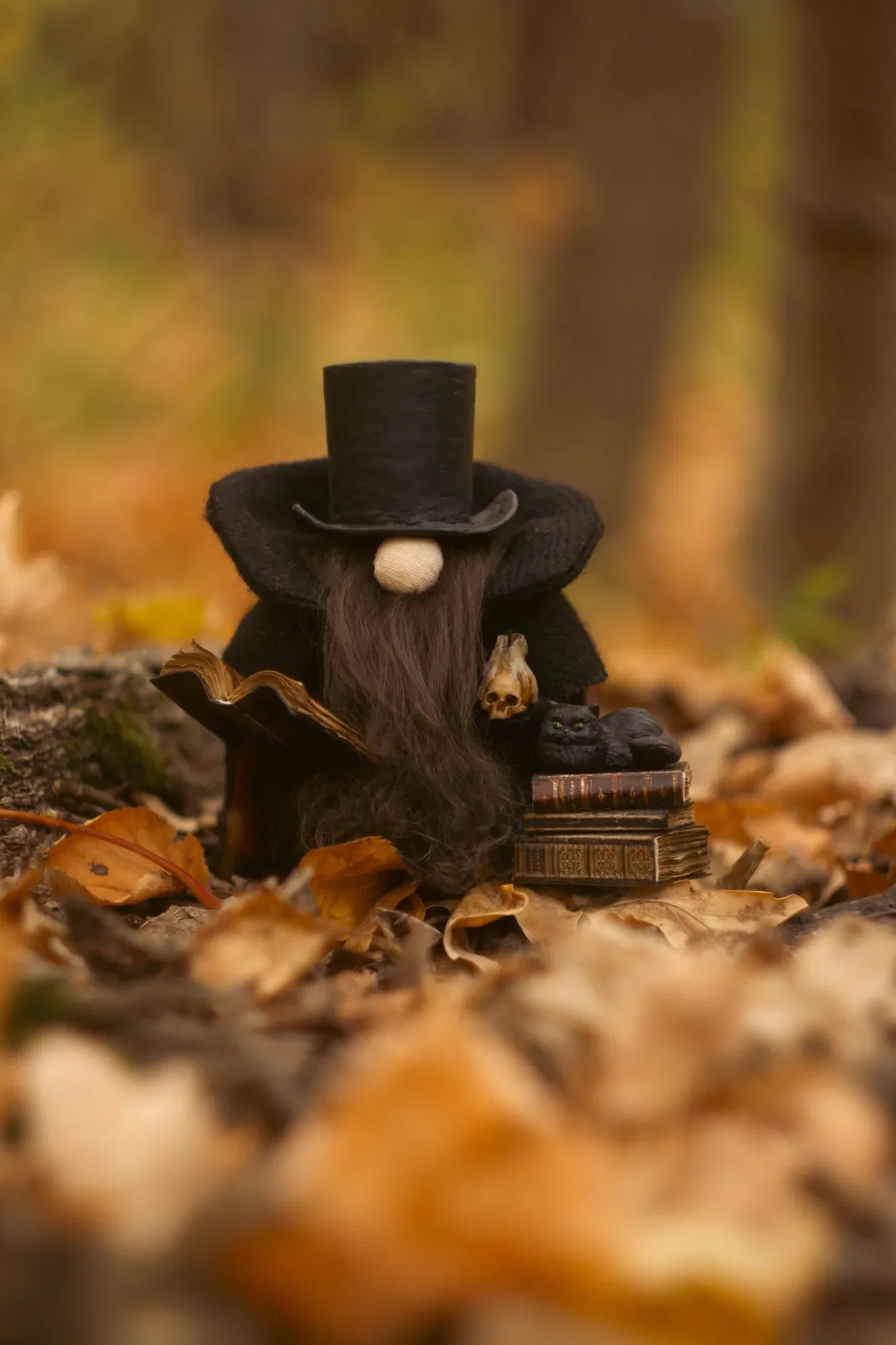 Handmade Gnome Old Friend with black cat and skull