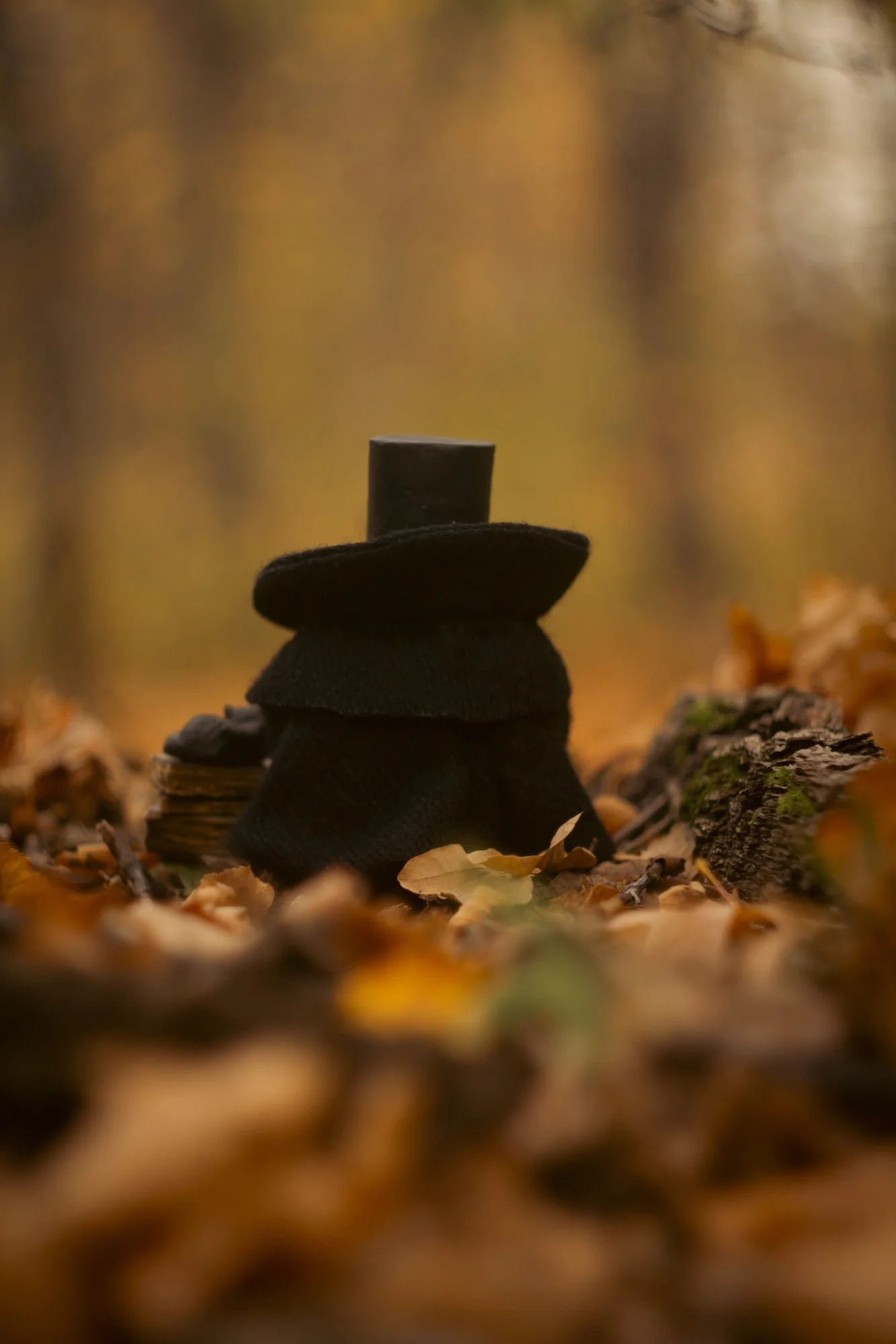 Gnome Old Friend — gothic silhouette in black cloak and top hat among autumn leaves