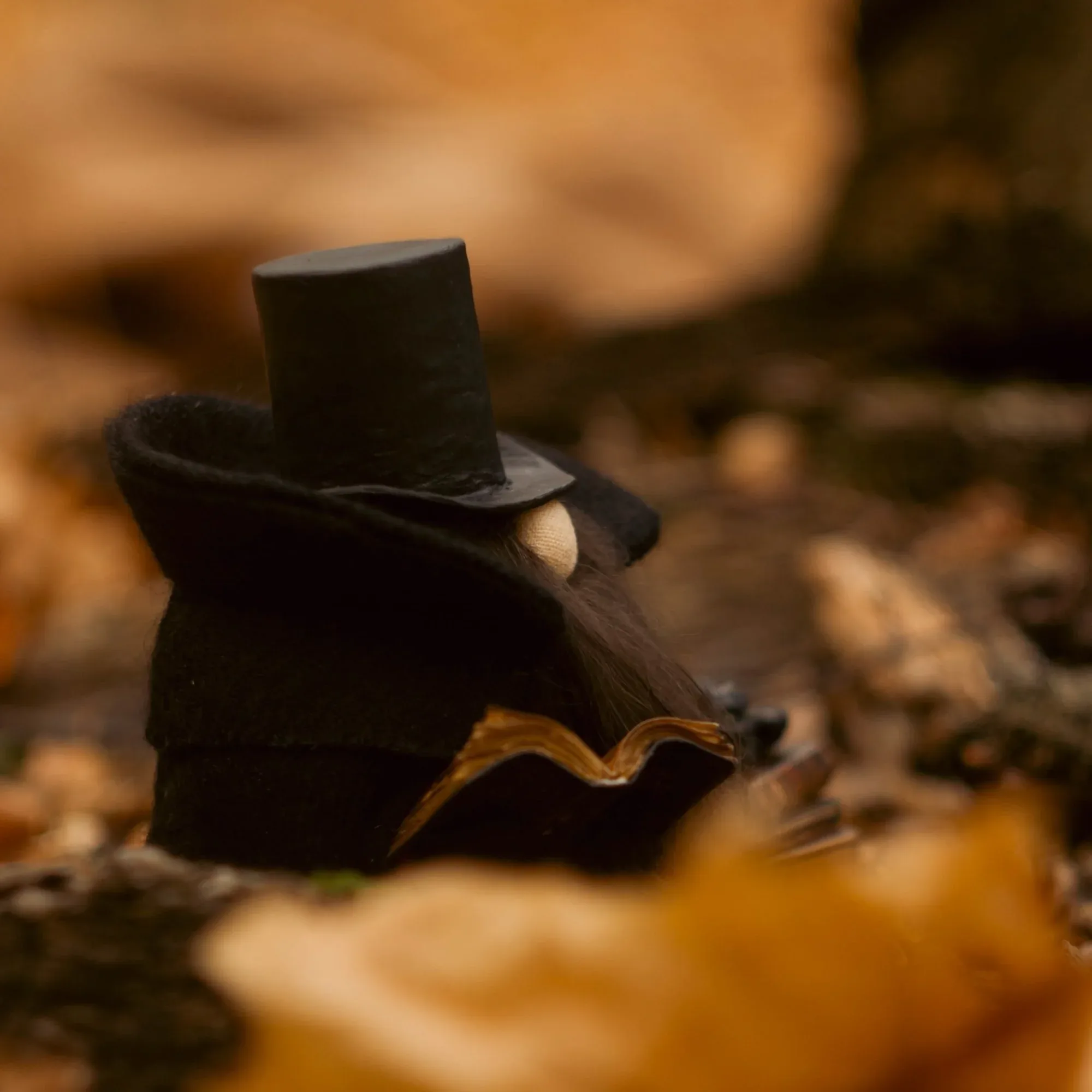 Gnome Old Friend — clay top hat, black cat and skull — top view