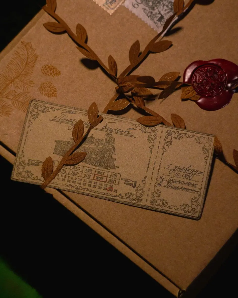 Gnomenlands packaging detail — vintage-style ticket and golden leaf garland with red wax seal on kraft box
