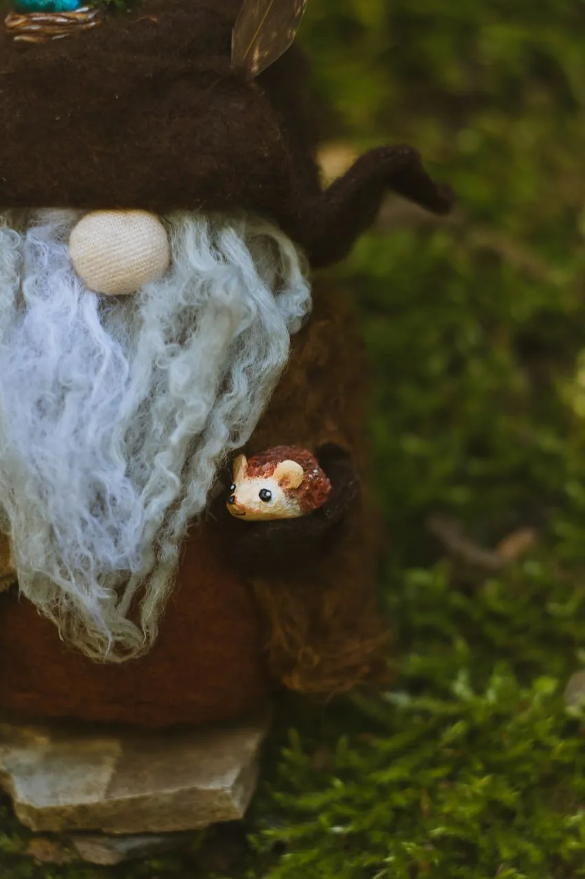 Hedgehog Sebastian in polymer clay — Gnome Radagast's accessory closeup