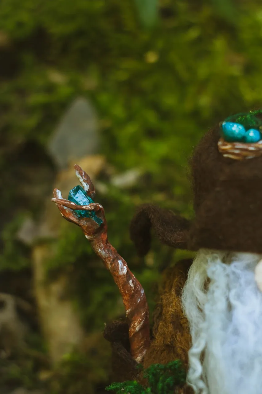 Magic quartz-crystal staff — handmade wizard gnome detail