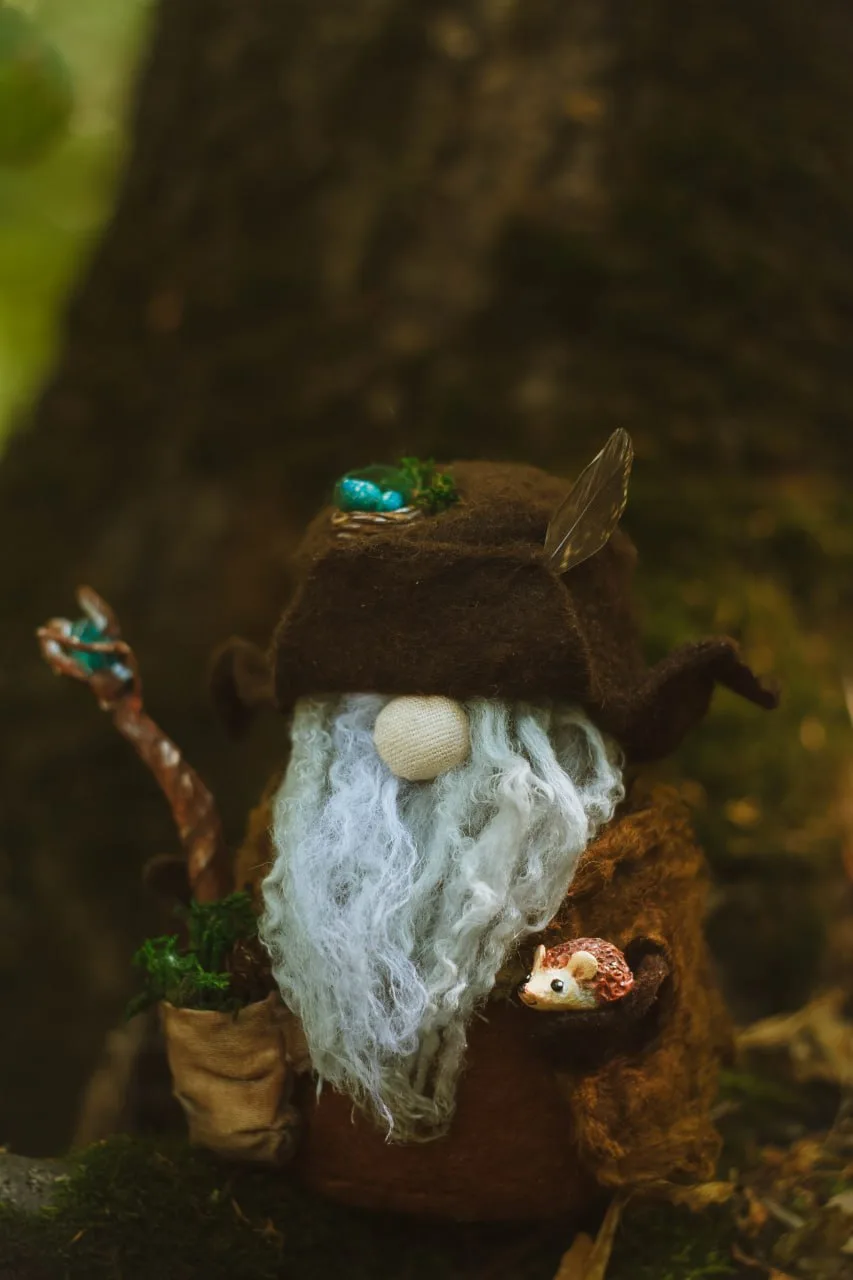 Collectible druid gnome with hedgehog — handmade interior doll