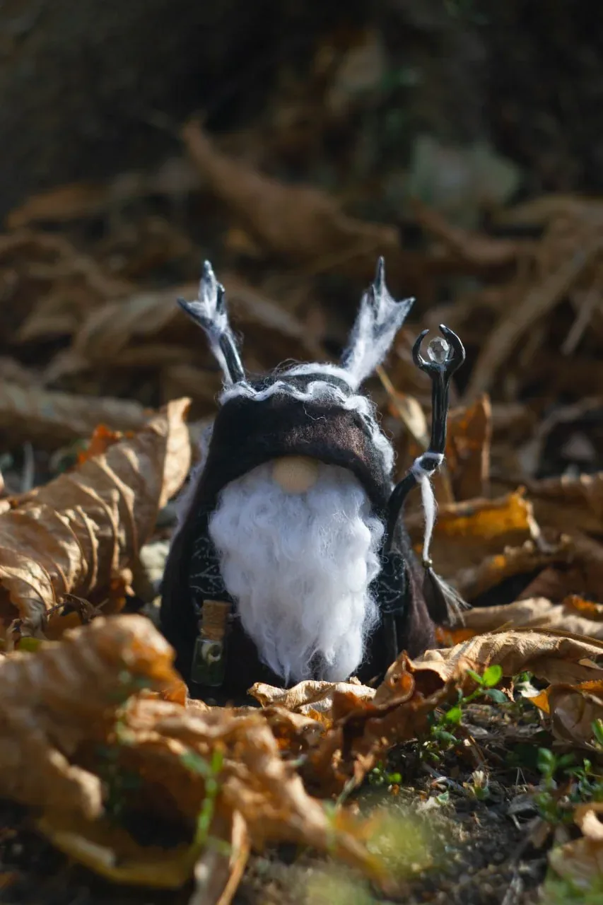 Handmade Gnome Raven Shaman with raven-claw staff