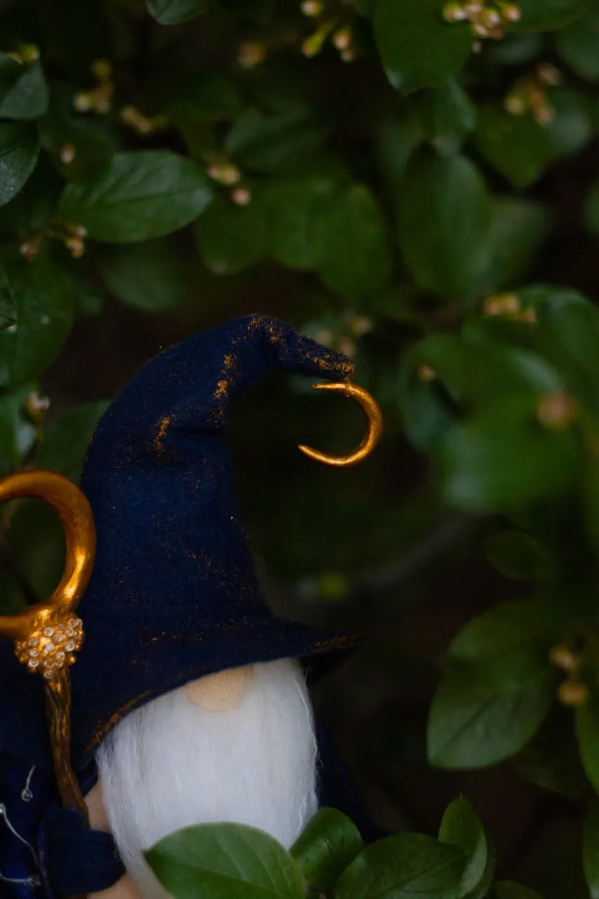 Handmade Scandinavian gnome with white beard and moon-tipped hat