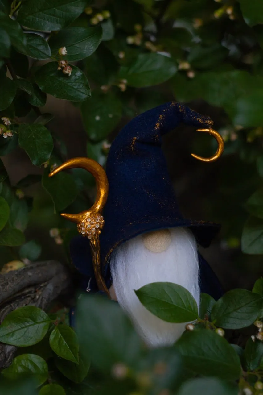 Handmade gnome with crescent-moon magic staff