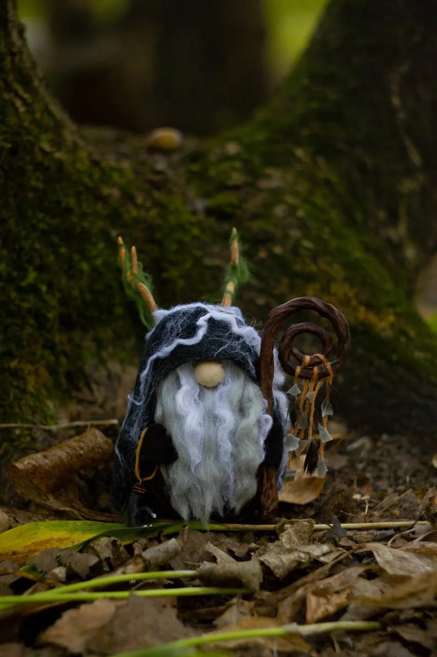Gnome Shaman's wool and wood antlers — magical headpiece closeup