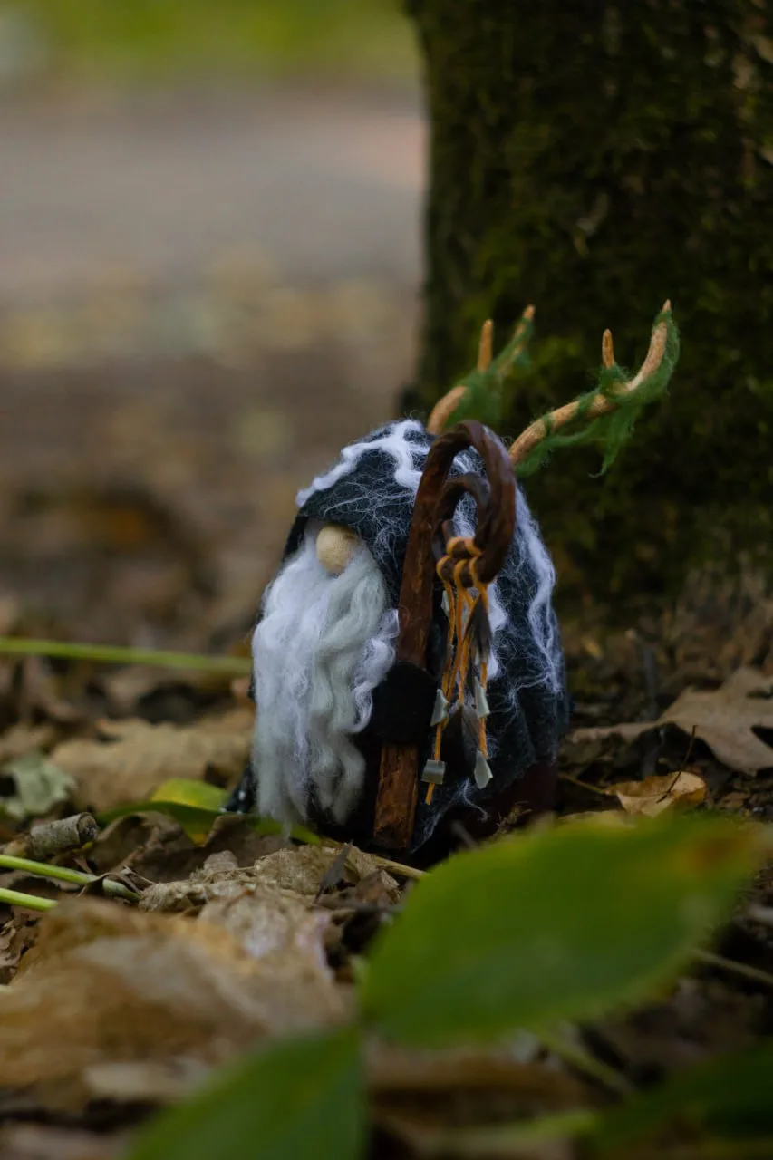 Shaman gnome with staff and antlers — front view by tree in forest