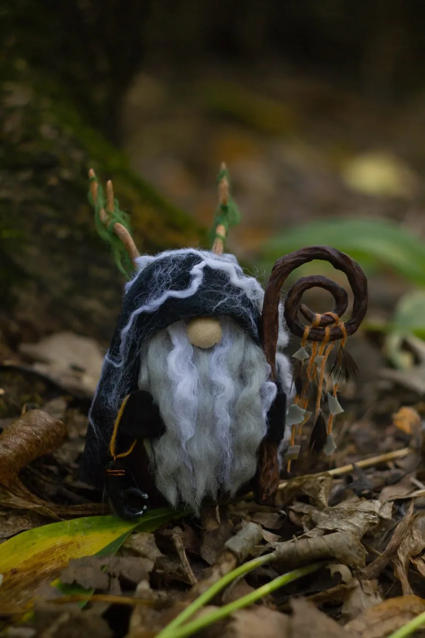 Handmade Gnome Shaman with shell-and-feather staff