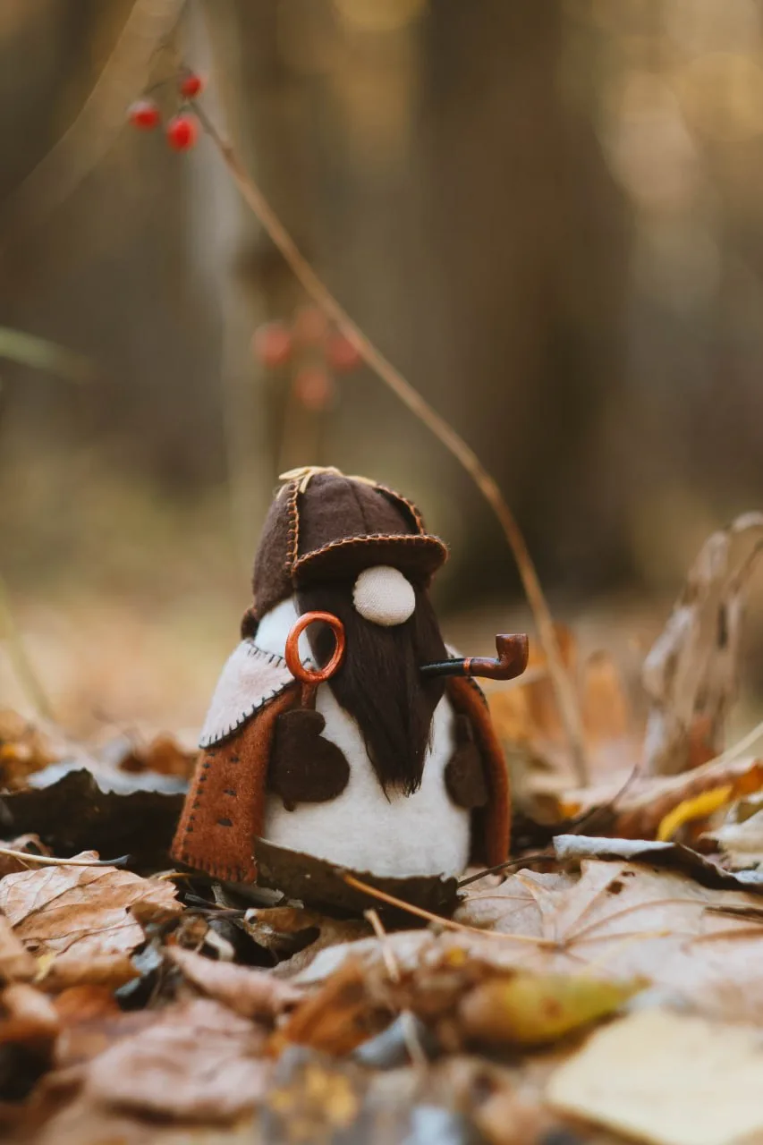 Handmade Gnome Sherlock Holmes with pipe and magnifying glass