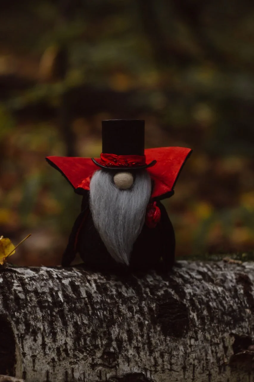 Handmade Gnome Vampire in black velvet cloak