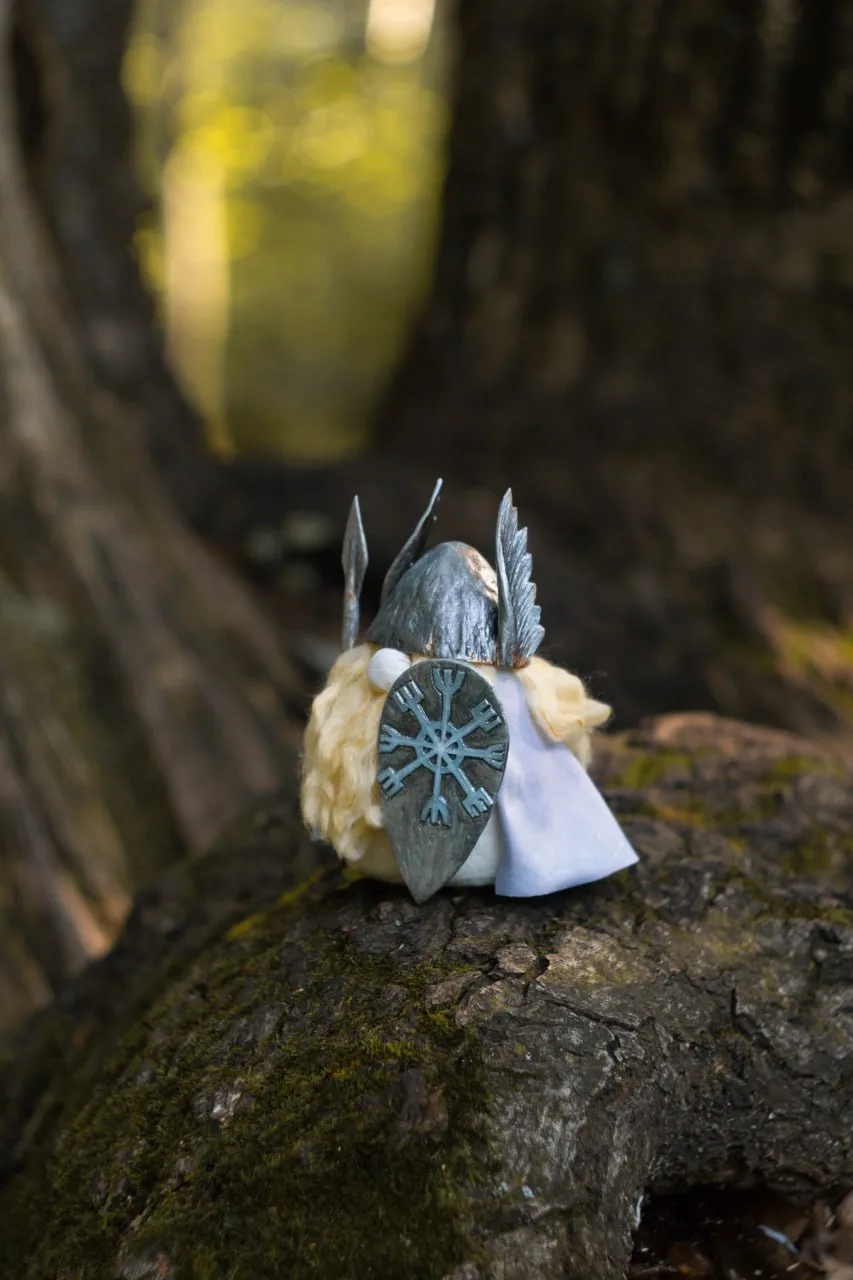 Collectible Scandinavian Viking Gnome Einherjar on a log in forest