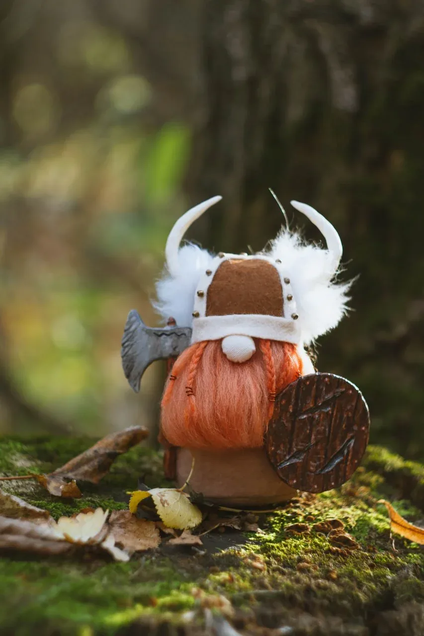 Handmade Gnome Viking with axe, shield and horned helmet