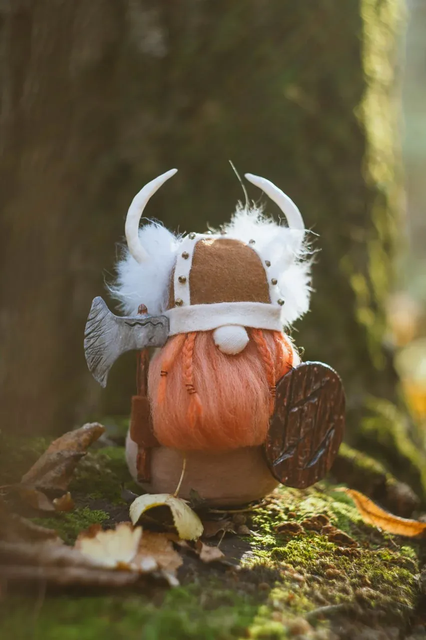 Gnome Viking figure — rear view on moss in sunny forest