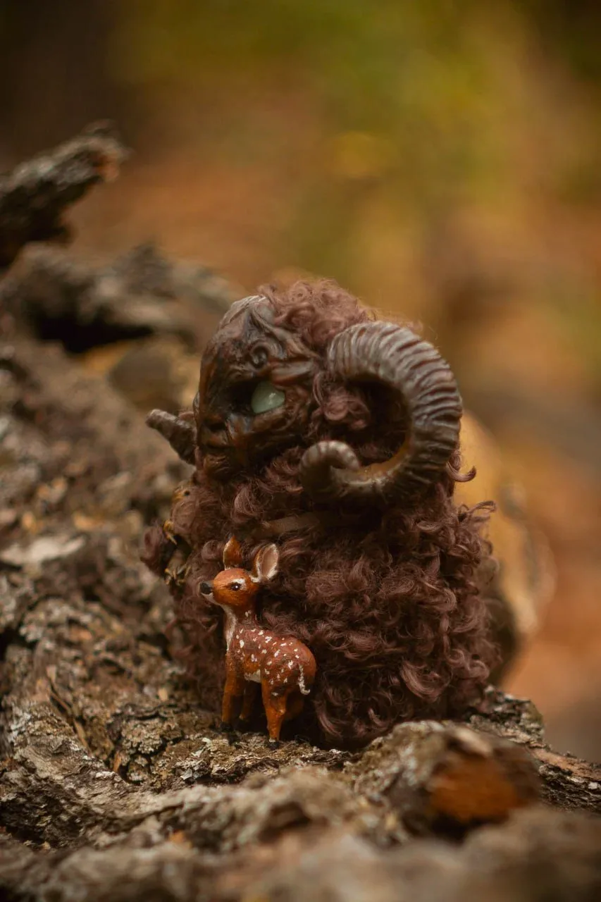 Leather artifact bag of Wood Spirit Faun — handmade faux leather pouch with carved wooden clasp, artisan miniature collectible accessory inspired by Pan's Labyrinth