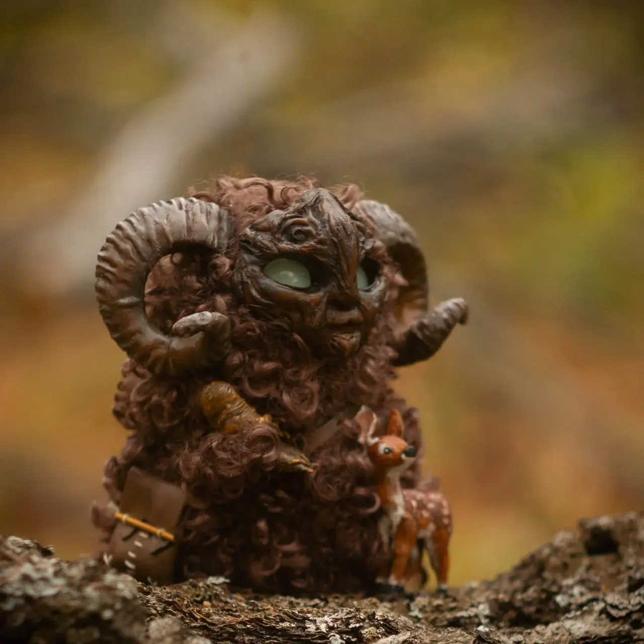 Wood Spirit Faun — front view, curly dark faux fur with carved wooden mask, glowing blue glass eyes, coiled ram horns and fawn companion, Pan's Labyrinth inspired collectible figurine