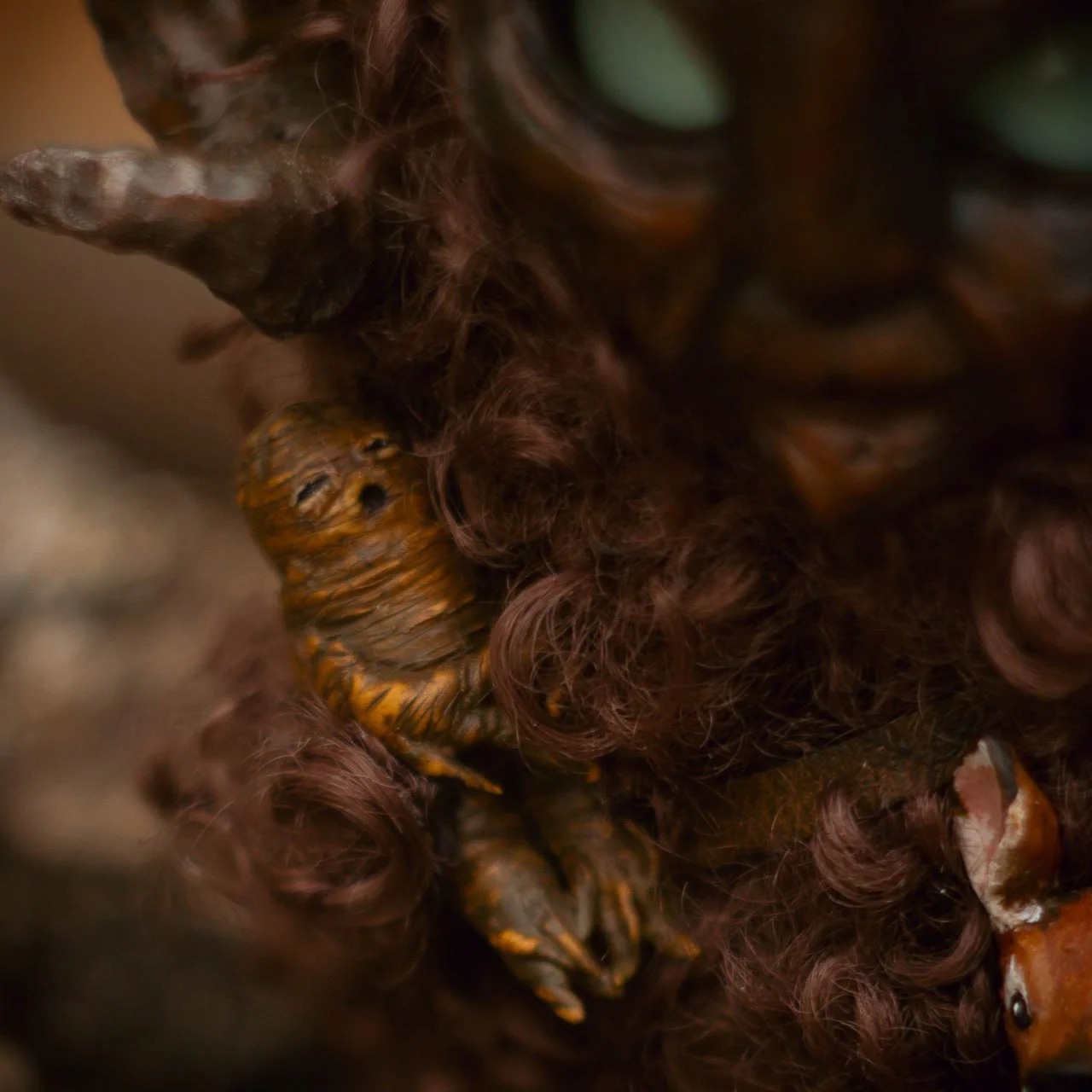 Wood Spirit Faun coiled horn close-up — detailed handmade polymer clay texture, glowing blue glass eye in bark-carved mask, Pan's Labyrinth inspired artisan collectible detail