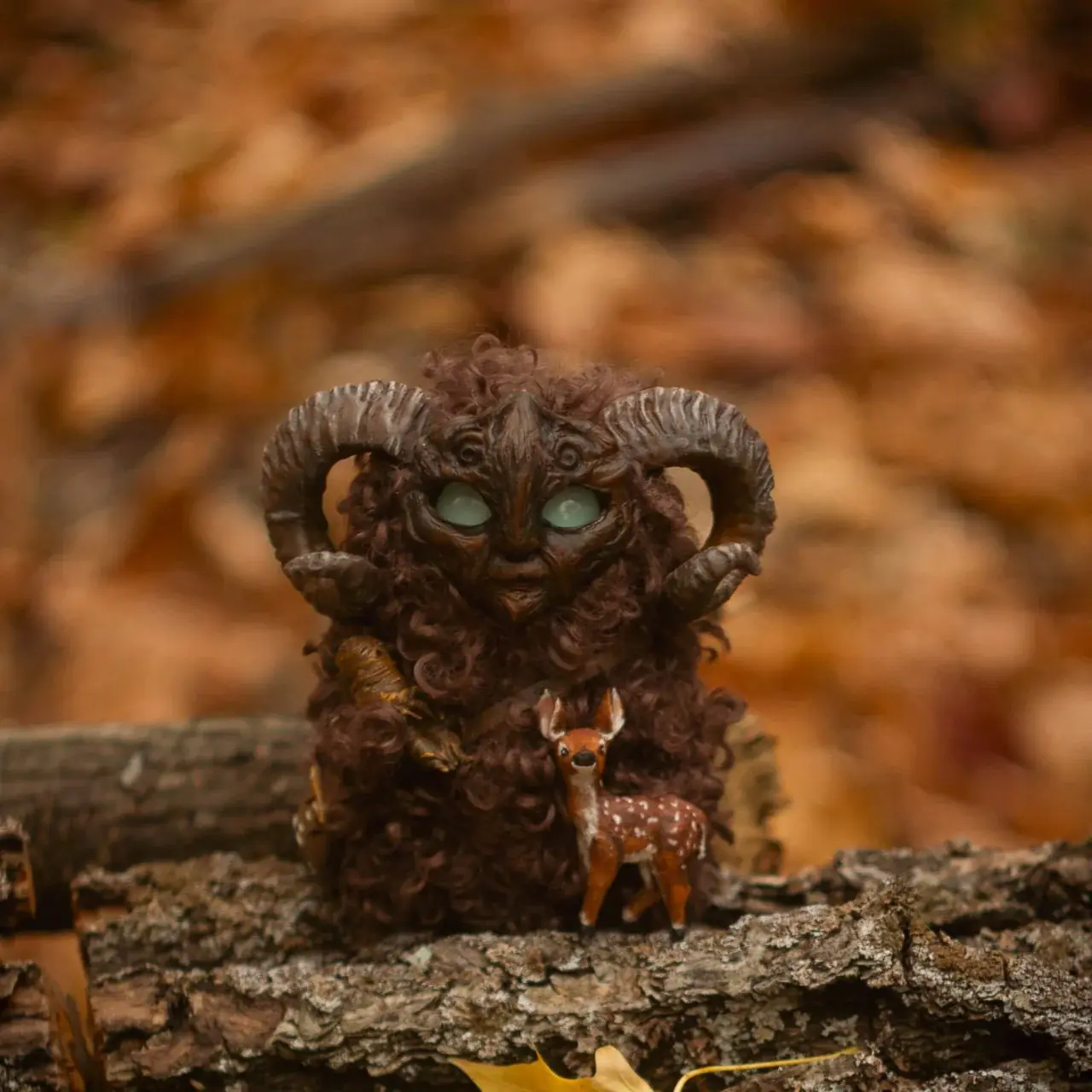 Wood Spirit Faun — handmade collectible art figurine inspired by Pan's Labyrinth by Guillermo del Toro, fantasy forest spirit with fawn and mandrake root