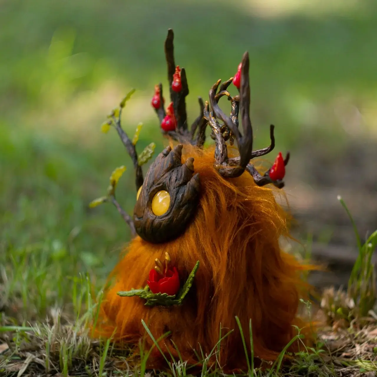 Wood Spirit Litha Flame antlers close-up — sun-shaped branches with tiny fire spirits and oak leaves, detailed handmade polymer clay artisan collectible